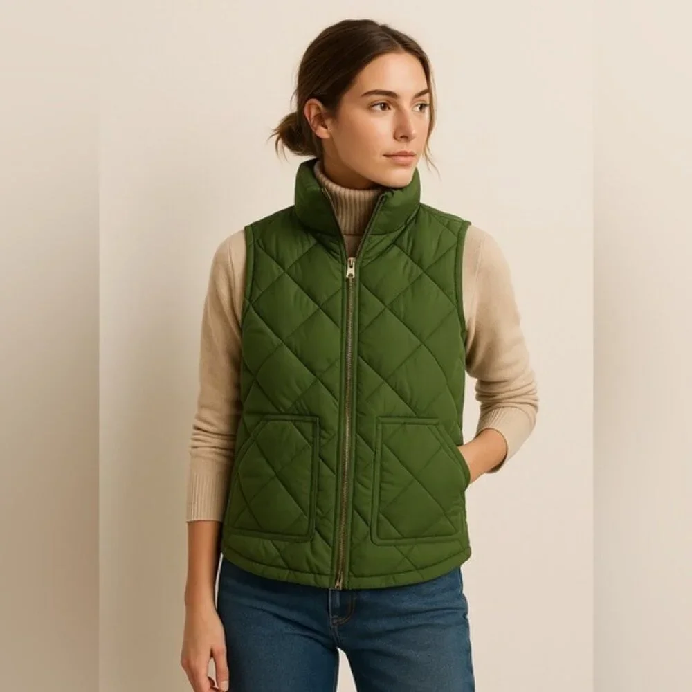 J.Crew Down Quilted Puffer Vest Olive Green Full Zip Women’s Small Cozy Layer - Picture 11 of 11